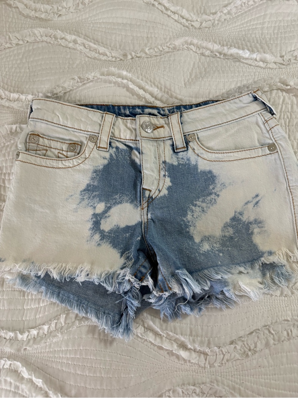 True Religion Tie-Dye Bleach Denim Shorts - Blue & White